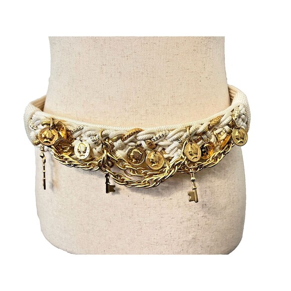 Vtg REBECCA'S Braided Statement BELT Gold Coins Keys Chains White Nylon Gypsy - Picture 1 of 10